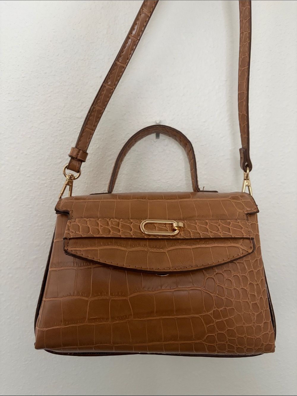 Croc-Embossed Top Handle Satchel in Brown